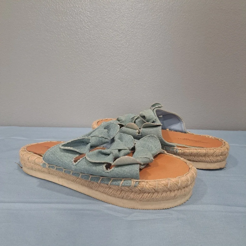American Eagle Denim‎ Espadrille Slide Sandals Blue Triple Bow Platform Womens 7